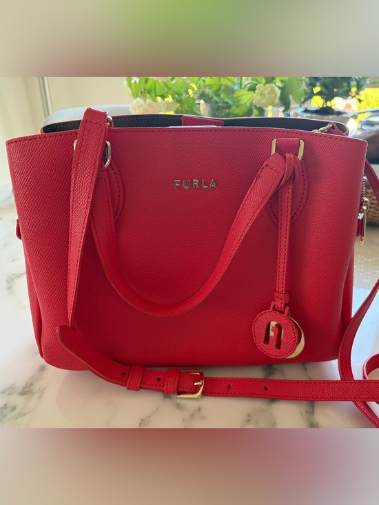 Furla Handbags - Furla Red Leather Double-Compartment satchel purse with Gold Hardware